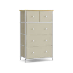 Commode, Meuble de Rangement, avec 5 Tiroirs en Tissu, Style Industriel, pour Salon, Entrée, Couloir, Chambre d'Enfant, Jaune Camel et Blanc Crème