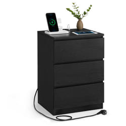 Table de Chevet avec Multiprise, 3 Tiroirs, 2 Prises ca, 2 Ports usb, Façades de Tiroirs Biseautées, pour Salon, Chambre, Bureau, Moderne, Noir Boisé