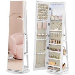 Songmics - Armoire à Bijoux avec Miroir sur Pieds, Verrouillable, avec 6 led, Rangement Bijoux Pivotant 360°, Miroir Psyché sans Cadre, 3 Étagères,