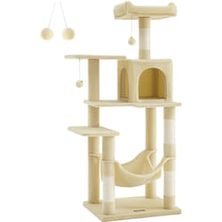 Feandrea - Arbre à Chat Hauteur 143 cm, Tour de Jeux pour Chats, avec 4 Poteaux à Griffer, 2 Plateformes, 1 Niche, 1 Hamac, 2 Pompons, en Tissu