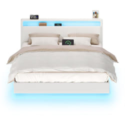 Lit Double, Cadre de Lit, 160 x 200 cm, Lit Flottant, Lit avec Éclairage led, Tête de Lit Haute, Multiprise, Style Moderne, Blanc Nuage