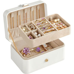 Boîte à Bijoux de Voyage, Petit Écrin à accessoires, Rangement Bijoux à 2 Niveaux, Portable, 11 x 16 x 8 cm, Blanc Nuage - Songmics