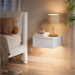 Table de Chevet Suspendue, Table de Nuit, Lumière 3 Couleurs, Étagère Murale Tiroir, 35 x 40 x 18 cm, Style Moderne, pour Chambre, Salon, Blanc Nuage