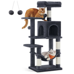 Songmics - Feandrea Arbre à Chat Hauteur 112 cm, Tour de Jeux pour Chats, avec 4 Poteaux à Griffer, 2 Plateformes, 1 Niche, 1 Hamac, 2 Pompons, en