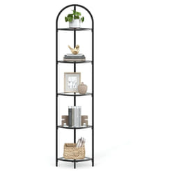 VASAGLE Étagère d’Angle à 5 Niveaux, Bibliothèque, Porte-Plantes, Étagère de Salle de Bain, Verre Trempé, Cadre en Métal, Style Moderne, pour Salon,