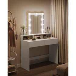 Coiffeuse avec Miroir LED, 2 Tiroirs et 3 Compartiments, SANS TABOURET, 100 x 40 x 145 cm, Style Moderne, Blanc