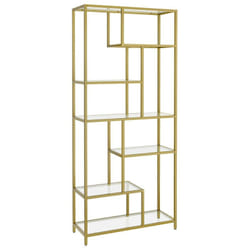 Tagère de Rangement, Bibliothèque, 6 Niveaux, Porte-plantes, 30 x 80 x 180 cm, Verre Trempé, pour Bureau, Salon, Chambre, Cuisine, Doré Métallique