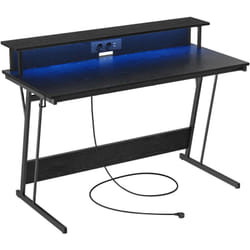 Bureau Gaming avec led et Multiprise, Table Gamer, Bureau Informatique avec Rehausseur d'Écran, pour 2 Ordinateurs, pour Chambre, 55 x 135 x 76 cm,