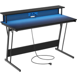 Bureau Gaming avec led et Multiprise, Table Gamer, Bureau Informatique avec Rehausseur d'Écran, pour 2 Ordinateurs, pour Chambre, 55 x 135 x 76 cm,