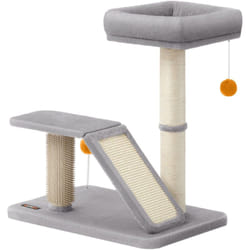 Feandrea - Griffoir pour Chat avec Lit, Griffoir Multifonctionnel avec Rampe de Grattage Pivotante, Perchoir, Toilettage Autonome, Pompons, Petit