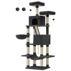 Arbre à Chat, Hauteur 206 cm, avec 13 Griffoirs, 2 Plate-forme, 2 Niches, Panier, Hamac, Pompon, Tissu Peluche, Multi-niveaux pour Chat d'Intérieur,