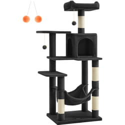 Arbre à Chat Hauteur 143 cm, Tour de Jeux pour Chats, avec 4 Poteaux à Griffer, 2 Plateformes, 1 Niche, 1 Hamac, 2 Pompons, en Tissu Peluche,