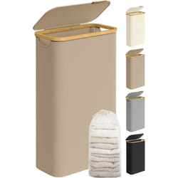 Songmics - Panier à Linge Mince avec Couvercle, 65L, Gain de Place, Doublure en Maille Amovible, Tissu Oxford, Poignées en Bambou, Pliable, 42 x 22,5