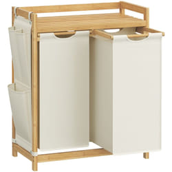 Songmics - Panier à Linge, avec 2 Compartiments, Corbeille à Linge Sale, en Bambou, Capacité de 100 Litres, avec Étagère, Poches Latérales, 2 x 50 l,