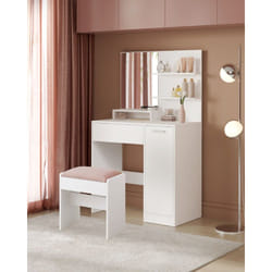 Coiffeuse, Tabouret de Coiffeuse, Table de Maquillage avec Miroir, 2 Étagères Ajustables Derrière la Porte et 1 Tiroir, Blanc et Blanc Mat-Rose