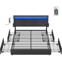 Vasagle - Lit Double, Cadre de Lit, Lit Coffre 160 x 200 cm, avec led, Lit en Métal, 4 Tiroirs, Multiprise, Tête de Lit Rembourrée Ajustable, pas