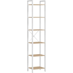 Tagère 6 Niveaux, Bibliothèque, Meuble de Rangement, pour Bureau, Salon, Chambre, 30 x 40 x 187,5 cm, Style Industriel, Beige Naturel et Blanc Mat