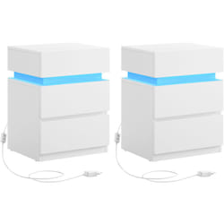 Lot de 2 Tables de Chevet, avec Bande LED Multicolore Réglable, 3 Tiroirs, Table d’Appoint de Style Moderne, 35 x 40 x 55 cm, Blanc