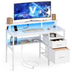 Vasagle - Bureau Gaming avec Lumières led et Multiprise, Bureau Informatique avec Support d'Écran, Table avec Rangement, 2 Tiroirs, 2 Ports usb, pour