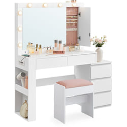Vasagle - Coiffeuse, Table de Maquillage avec Tiroir, Tabouret, avec Éclairage led et Miroir, Armoire à Bijoux, Multiprise, 40 x 125 x 140 cm,