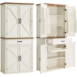 Buffet Haut Cuisine, Meuble de Rangement, Style Ferme, Hauteur 178,6 cm, avec Portes, Tiroir, Plateau, Étagères Réglables, pour Salle à Manger, Blanc