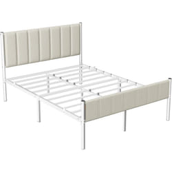 Vasagle - Cadre de Lit Double, 140 x 190 cm, avec Tête de Lit Rembourrée, en Acier, Supporte Jusqu'à 500 kg, Montage Facile, Beige Cappuccino