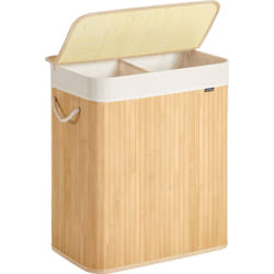 Panier à Linge 100 l, Corbeille Linge Sale 2 Compartiments de Tri, Couvercle, en Bambou, Poignées, Pliable, Sac Amovible Lavable en Machine, pour