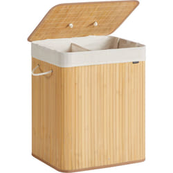 Panier à Linge avec Couvercle, 2 Compartiments, 120 l, Corbeille à Linge Sale en Bambou, Pliable, Sac Amovible et Lavable en Machine, avec Poignées,