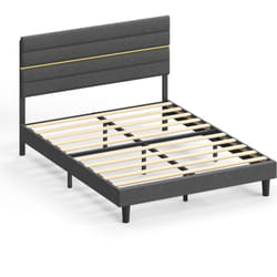 Lit Double, Cadre de Lit, Convient pour un Matelas de 160 x 200 cm, Tête de Lit Rembourrée Ajustable, en Métal, Bois Massif, Moderne, Gris Ardoise