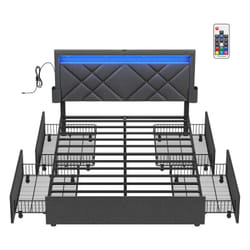Lit Double, 140 x 190 cm, avec LED, en Métal, 4 Tiroirs, Multiprise, Tête de Lit Rembourrée Ajustable, pas Besoin de Sommier, Gris Ardoise et Noir Mat