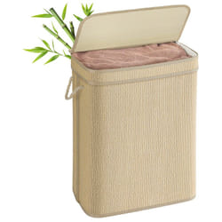 Songmics - Panier à Linge en Bambou, Corbeille à Linge Sale, 90 Litres, Sac Amovible et Lavable en Machine, avec Couvercle, Poignées, pour Buanderie,