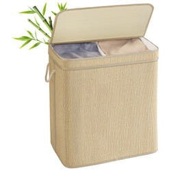 Songmics - Panier à Linge en Bambou 2 Compartiments, Corbeille à Linge Sale, 130 Litres, Sac Amovible et Lavable en Machine, avec Couvercle,