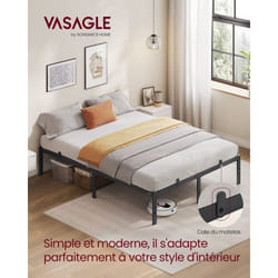 Vasagle - Cadre de Lit Double, 140 x 190 cm, Cadre en Métal, Espace de Rangement au Dessous, Moderne, Lit d'Invité, Montage Facile, Noir Mat