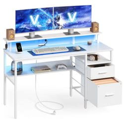Vasagle - Bureau Gaming avec Lumières led et Multiprise, Bureau Informatique avec Support d'Écran, Table avec Rangement, 2 Tiroirs, 2 Ports usb, pour
