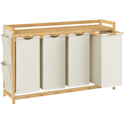 Panier à Linge, avec 4 Compartiments, Corbeille à Linge Sale, en Bambou, Capacité de 200 Litres, avec Étagère, Poches Latérales, 4 x 50 l, 124,6 x 33