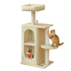 Arbre à Chat avec 2 Grottes, Poteaux à Griffer, pour les Foyers Multi-Chats, Beige Sable