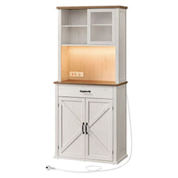Meuble de Rangement avec Lumières et Chargeur, Placard de Cuisine, avec Portes et Tiroirs, Buffet, Meuble à café, Étagères Réglables, Style Campagne,