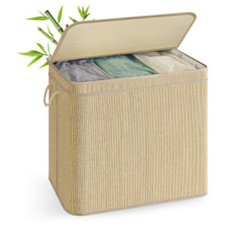 Panier à Linge en Bambou 3 Compartiments, Corbeille à Linge Sale, 170 Litres, Sac Amovible et Lavable en Machine, avec Couvercle, Poignées, pour