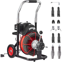 Machine de nettoyage de drain Vevor 100FT x 3/8 pouces, tariere deegout a alimentation automatique sur roues, machine de nettoyage de drain portable