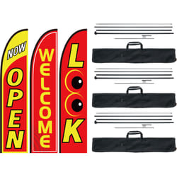Kit mats de drapeau avec drapeaux plumes publicitaires, 3 drapeaux look/open/welcome, 3 poteaux, 3 piquets de sol, hauteur totale 498,5 cm pour