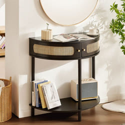 Table console en rotin demi-lune avec 2 tiroirs, table deentree en rotin avec porte coulissante en rotin naturel, 810 x 400 x 820 mm, avec rangement
