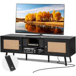 Meuble tv en Rotin pour Televiseur de 65 pouces, Banc tv Boheme Porte en Rotin, Centre de Divertissement avec Prise Integree et Ports usb, Console tv