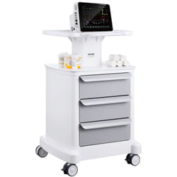Chariot de laboratoire a 4 niveaux,dote de 3 tiroirs de rangement et deun plateau superieur, fabrique en abs durable, equipe de roulettes