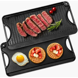 Plaque de cuisson reversible en fonte, 492x218 mm, plaque-gril pre-assaisonnee portable avec poignee, poele a griller pour bruleur de cuisiniere