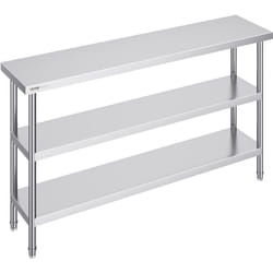 Table de preparation en acier inoxydable Vevor dimensions 14 x 60 x 34 pouces, concue pour les cuisines commerciales, comprend 2 etageres inferieures
