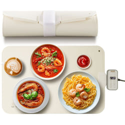 Chauffe Plat Electrique en Silicone Enroulable et Portable, Plateau Chauffant pour Buffet 60x40 cm, Tapis Chauffant Alimentaire avec 4 Reglages de