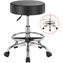 Tabouret a roulettes avec repose-pieds, capacite de poids 204 kg, rond tabouret roulant, hauteur reglable, chaise pivotante en cuir pu epais, pour