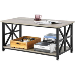 VEVOR Table basse, 1000 x 500 x 465 mm, table de salon rectangulaire avec compartiment de rangement ouvert, table de cocktail rustique en bois pour salon, chambre, appartement, studio, marron et noir