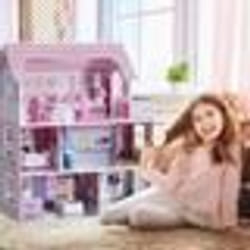 COSTWAY Maison de Poupée en Bois - 13 Accessoires à 3 Etages 61 x 265 x 71 CM Cadeaux pour Enfants 3 Ans+ Rose.