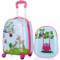 COSTWAY Valise Enfant 16et Sac à dos 12 pour Enfants Set Bagage Enfant Trolley à Roulette Bleu Claire Imprimé de Forêt